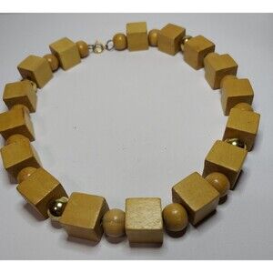 Wooden blocks square and round Statement Necklace 17"